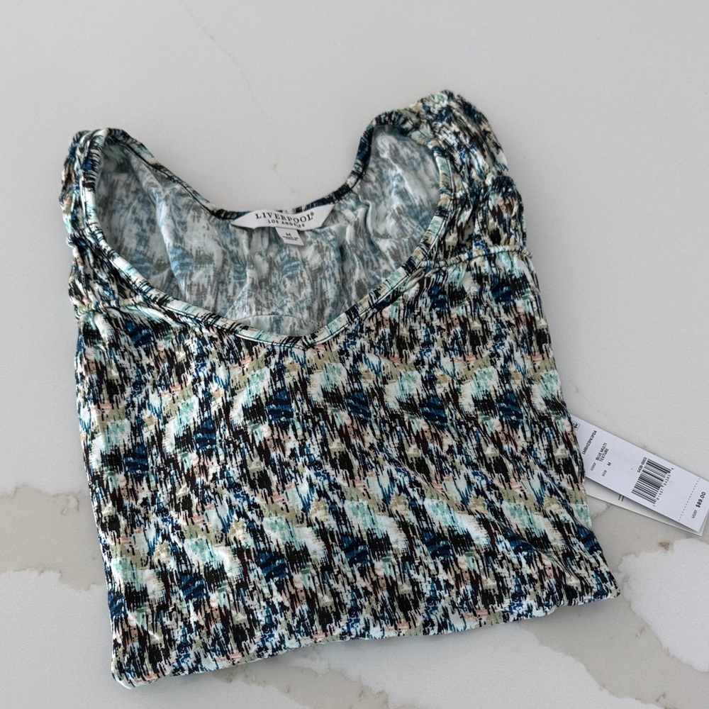 Liverpool Blue and Black Abstract Short Sleeve Top